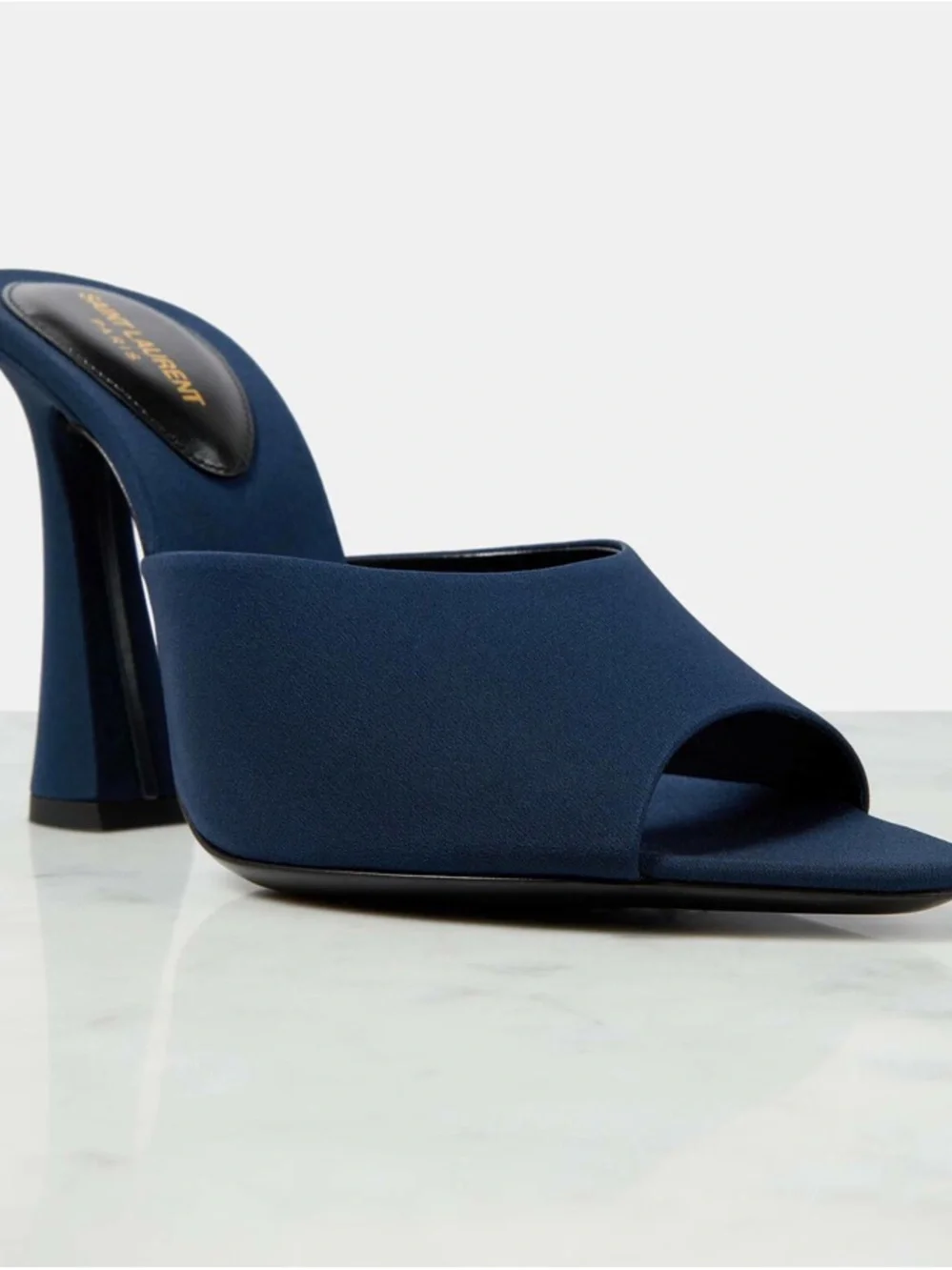 Saint Laurent Navy Open-Toe Mule Heels with Sculpted Heel - Picture 6 of 7